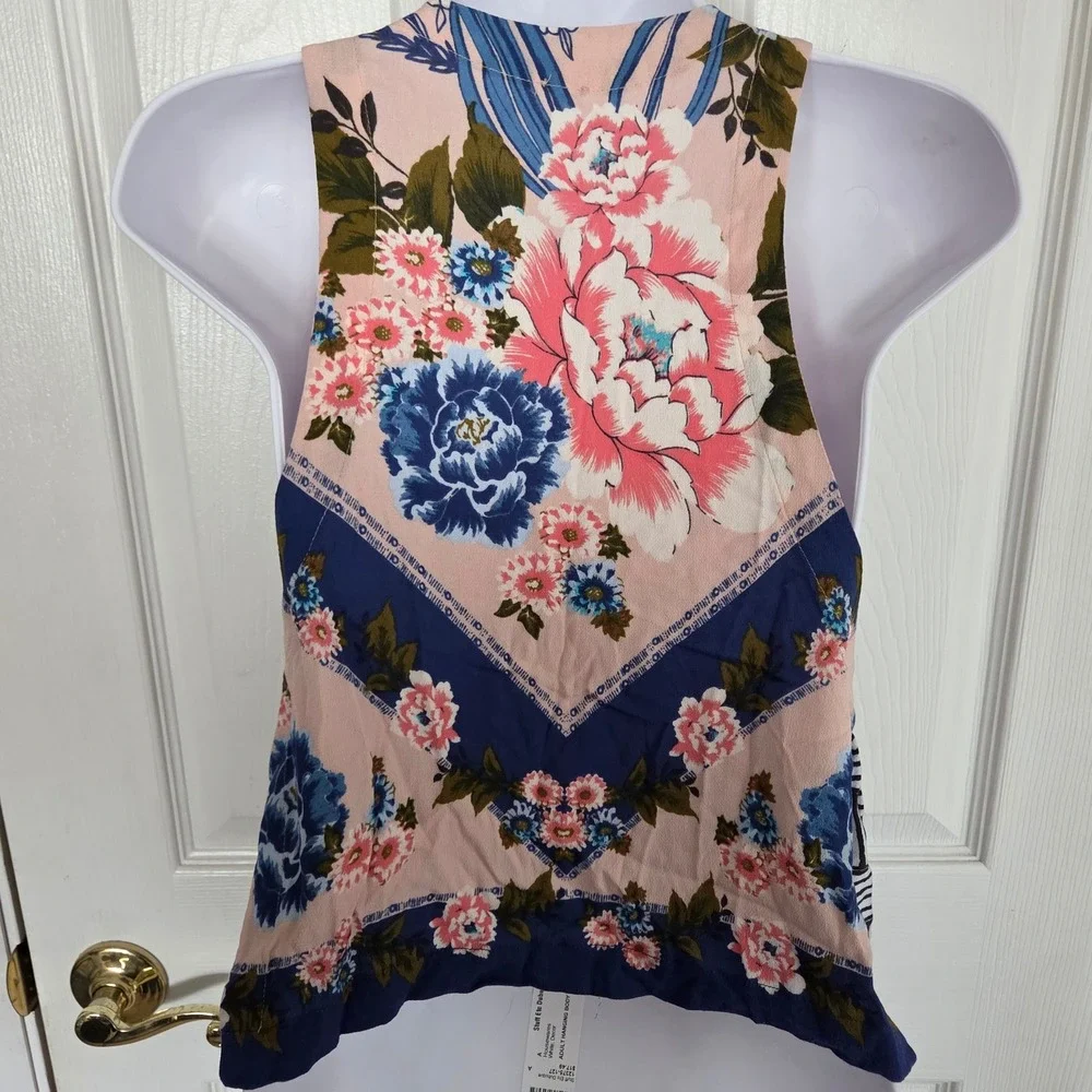 Free‎ People Floral Open Side Tie Crop Top Pink Blue Sleeveless XS Boho Festival